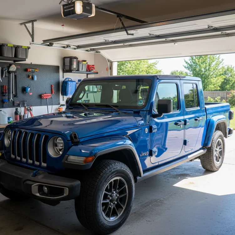 Blue pickup truck parked in a garage with tools and workbench nearby