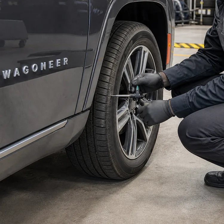 Technician in uniform checking tire on a dark SUV in a service garage