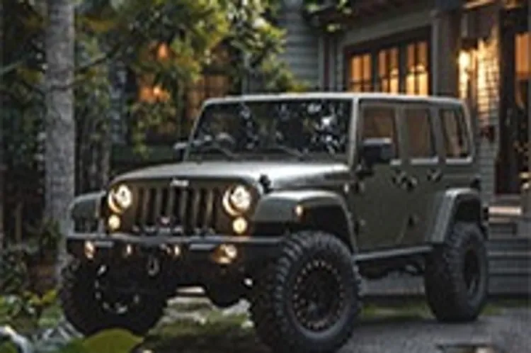 jeep wrangler parked near a house located in a forest