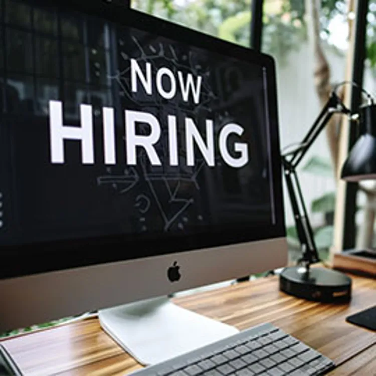 A computer screen showing Now Hiring text