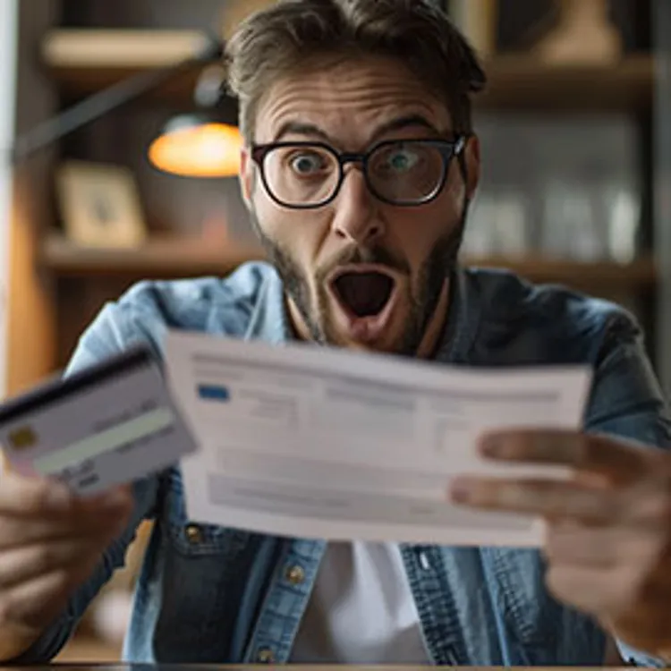 a shocked man looking at credit card statement