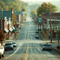 a downhill street with parked cars