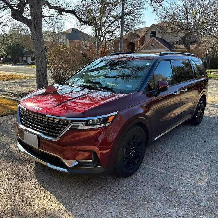 Red minivan parked on a suburban driveway with bare trees and houses in the background on a sunny day.