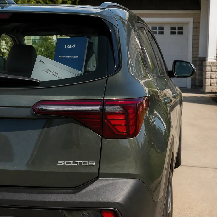 Rear view of a Kia Seltos SUV parked in a driveway with a maintenance handbook visible inside.