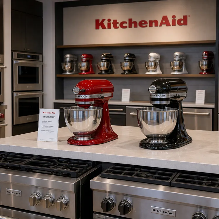 Two stand mixers, one red and one black, displayed on a kitchen showroom counter with stoves and ovens nearby