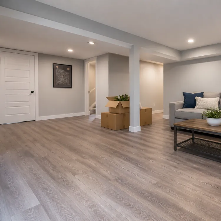 Modern basement living room with a gray sectional sofa, coffee table, boxes, and wall art
