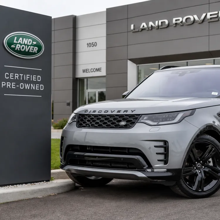 Gray Land Rover Discovery SUV parked in front of a Land Rover dealership with certified pre-owned sign