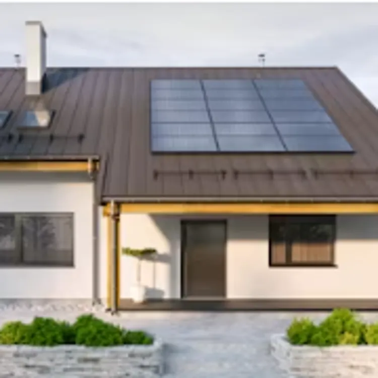Modern, single-story home with a clean, minimalist design and several energy-efficient features.