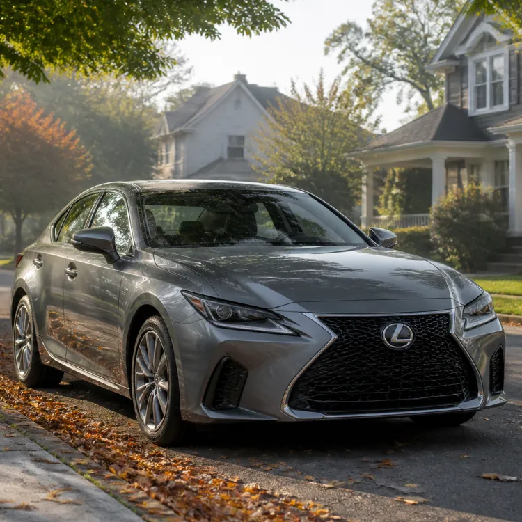 Silver Lexus sedan parked on a residential street with houses and trees in the background