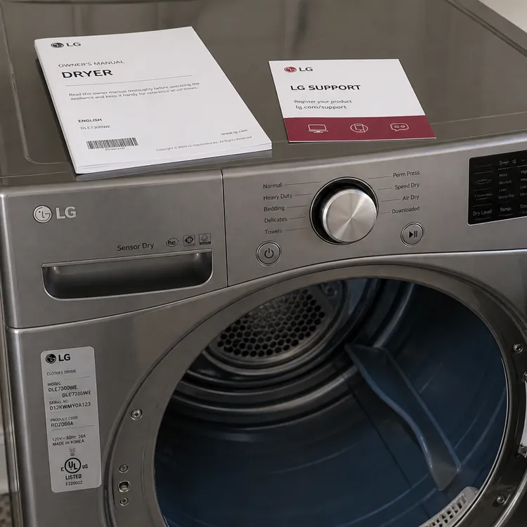 Front load LG dryer with open door and manuals placed on top in a laundry room setting