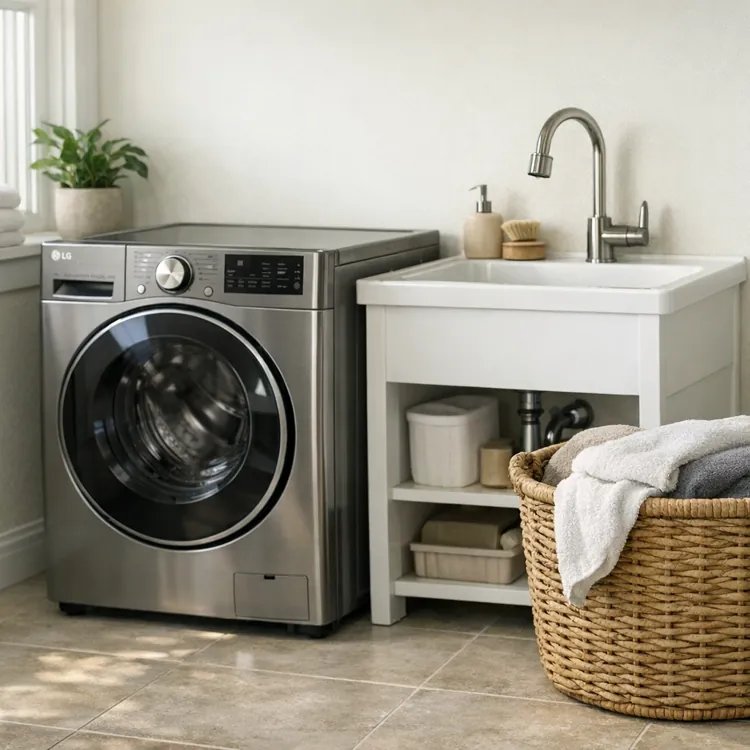 A modern laundry room setup with a front load washer and organized essentials.
