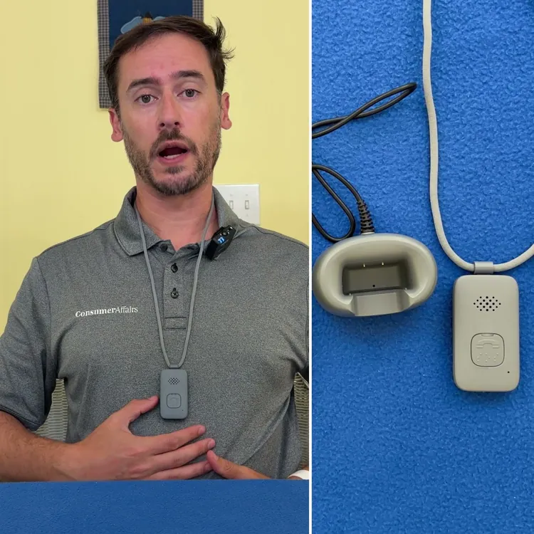 Chris Kolmar wearing the Lifeline On the Go pendant beside the full system: pendant on lanyard, charging cradle, belt clip and box