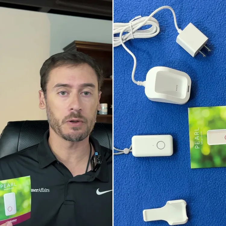 Chris Kolmar holding the LifeStation Pearl setup guide beside the system laid out: Pearl pendant on its lanyard, charging cradle with power adapter, belt clip and setup guide