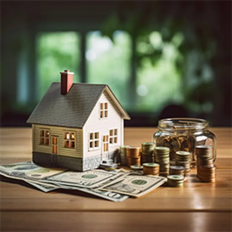 stack of coins and dollars on the table with a miniature house