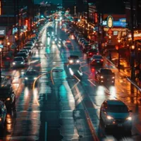 a busy downtown street at night