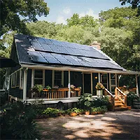 house with veranda with solar panels on roof