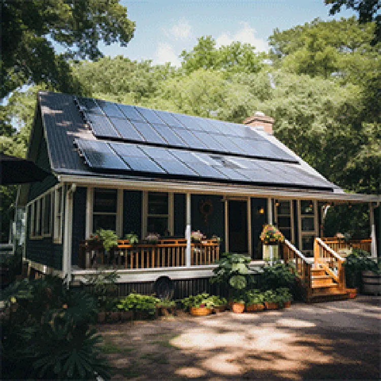 house with veranda with solar panels on roof