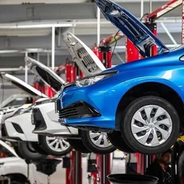 Several cars on hydraulic lifts in an auto repair shop with open hoods