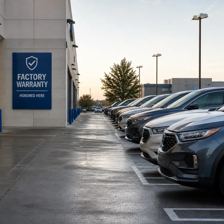 row of parked cars outside dealership with factory warranty sign on building