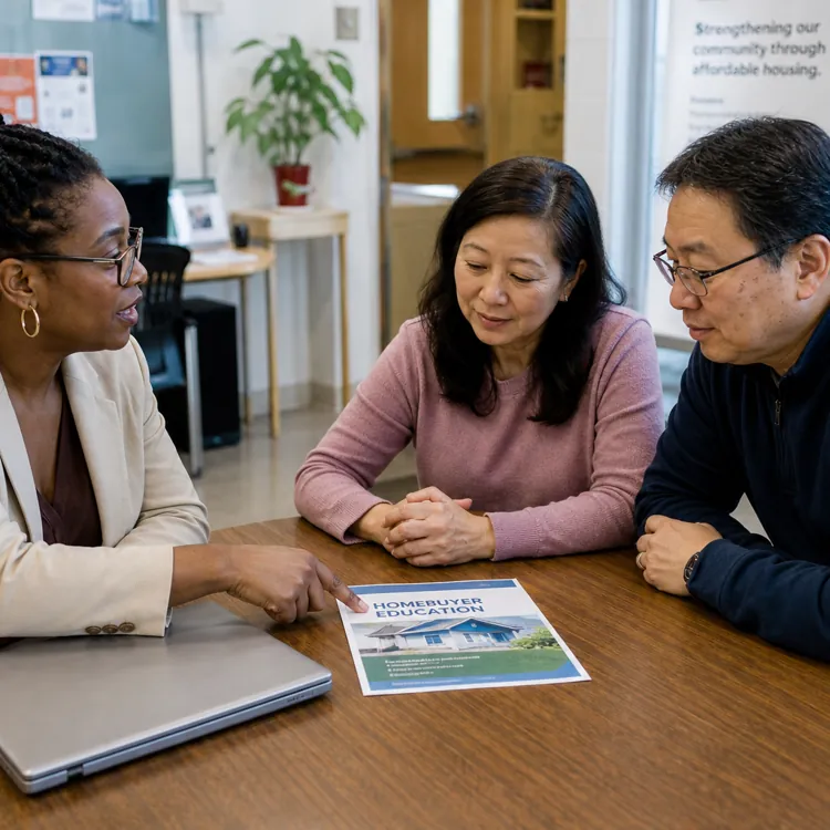 Three adults discuss homebuyer education at a table with documents and a laptop