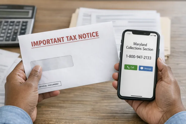 Person holding an important tax notice envelope and a smartphone displaying a call from Maryland Collections Section.
