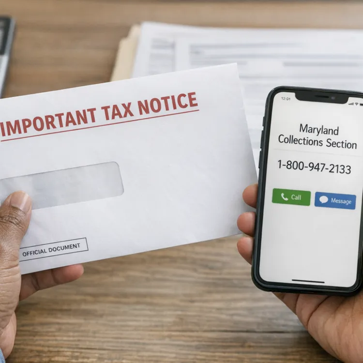 Person holding an important tax notice envelope and a smartphone displaying a call from Maryland Collections Section.