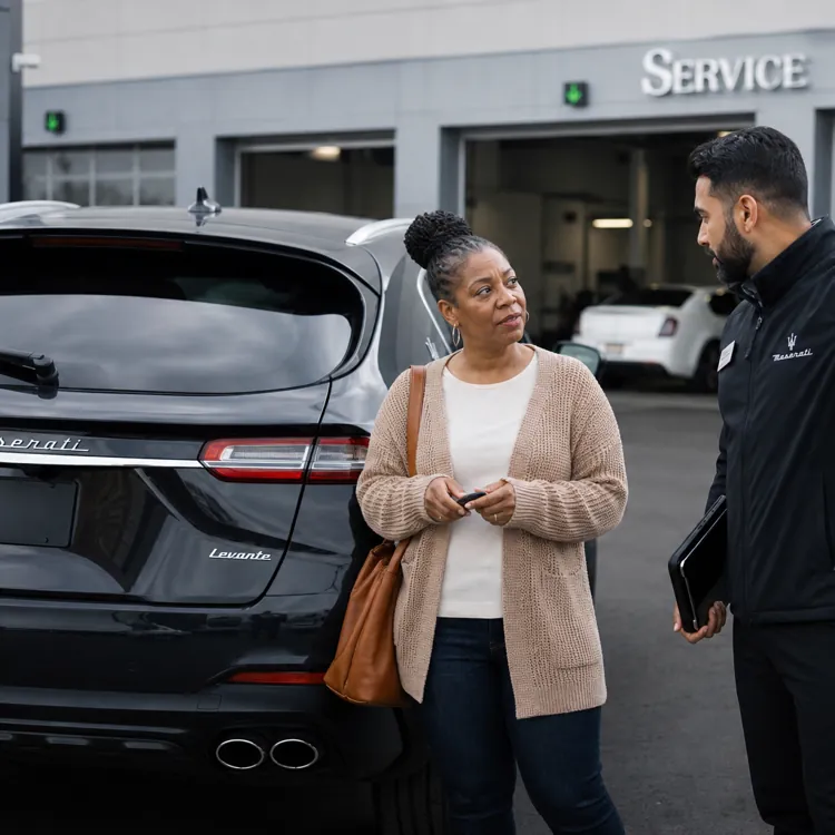 Woman talking with service advisor next to black Maserati SUV outside dealership service center