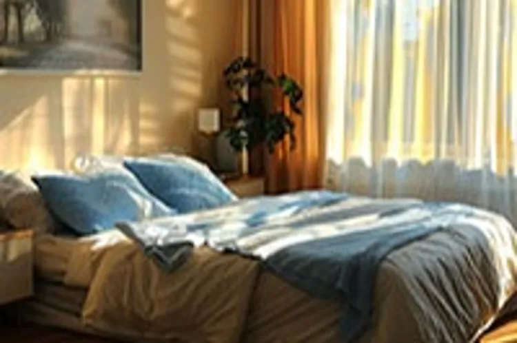 a bed in the middle of a warmly lit room