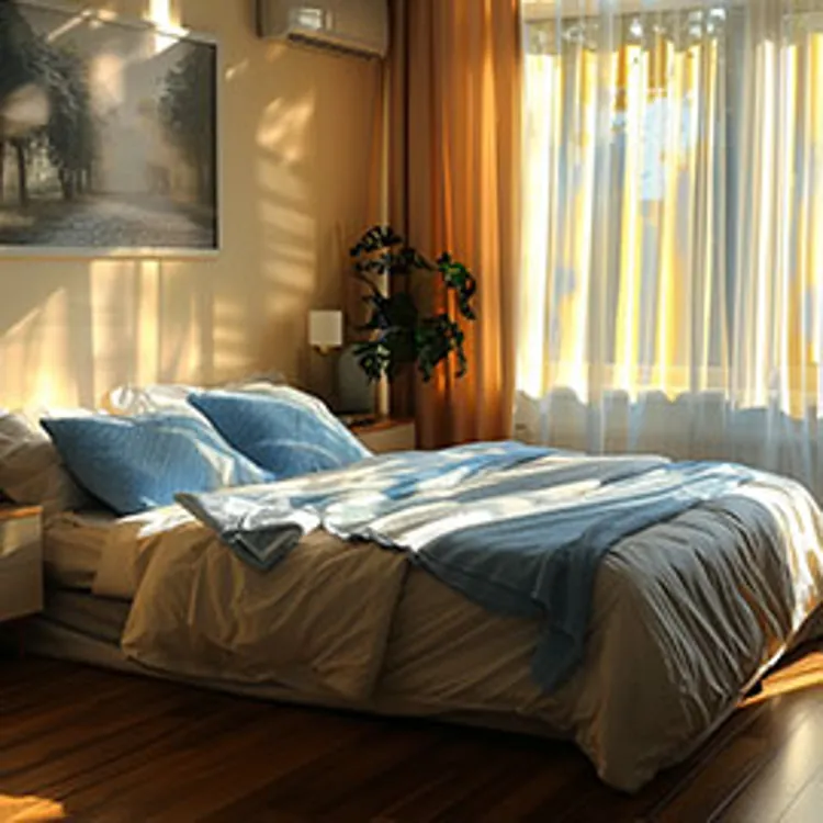 a bed in the middle of a warmly lit room