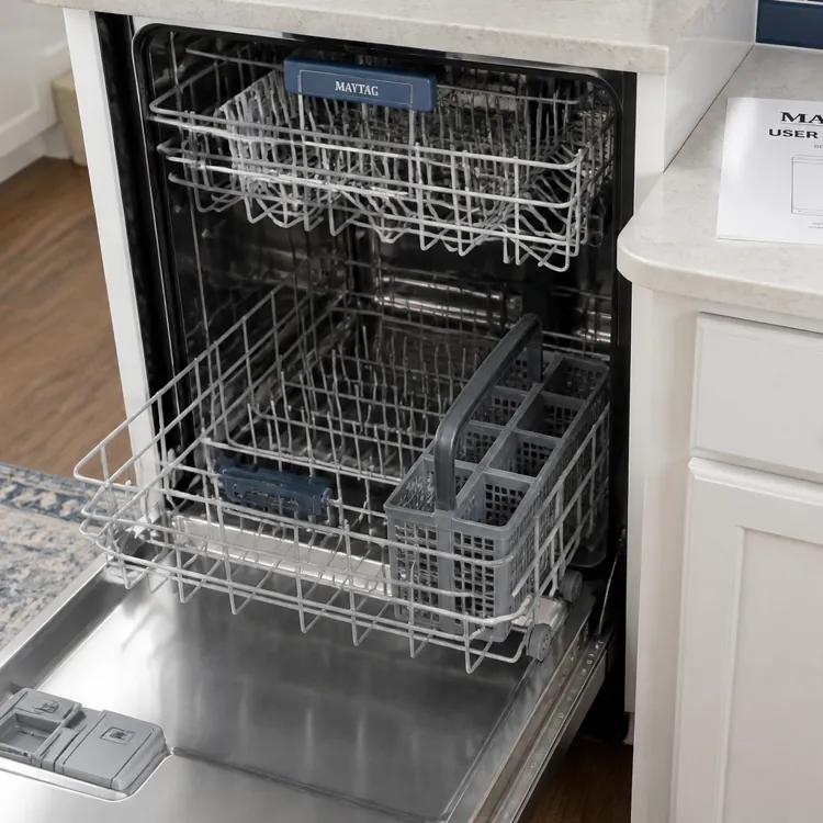 Open dishwasher with empty racks next to countertop holding user manual and warranty card