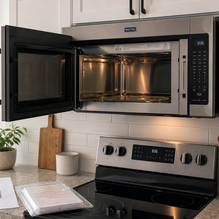 Open stainless steel microwave above stove in bright modern kitchen