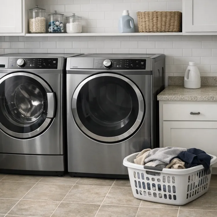 Modern laundry room with stainless steel washer and dryer, folded towels, and laundry basket
