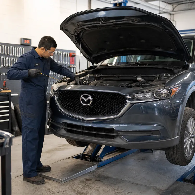 A mechanic inspects a car during routine maintenance at an auto repair shop.