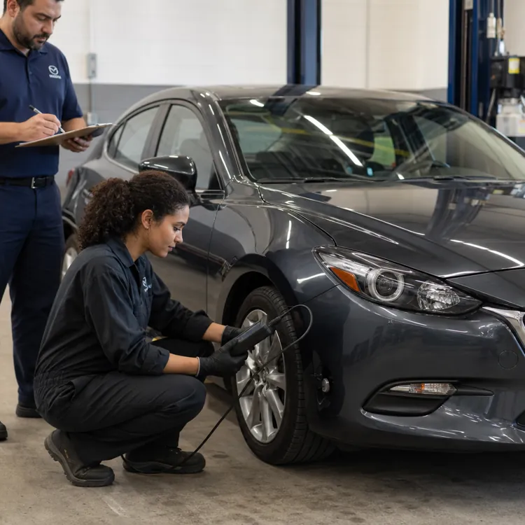 Mechanic checking a car tire while another person takes notes in an auto repair shop