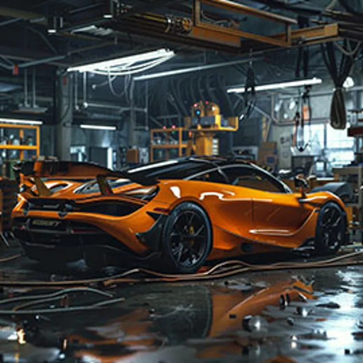 orange mclaren in an auto repair shop