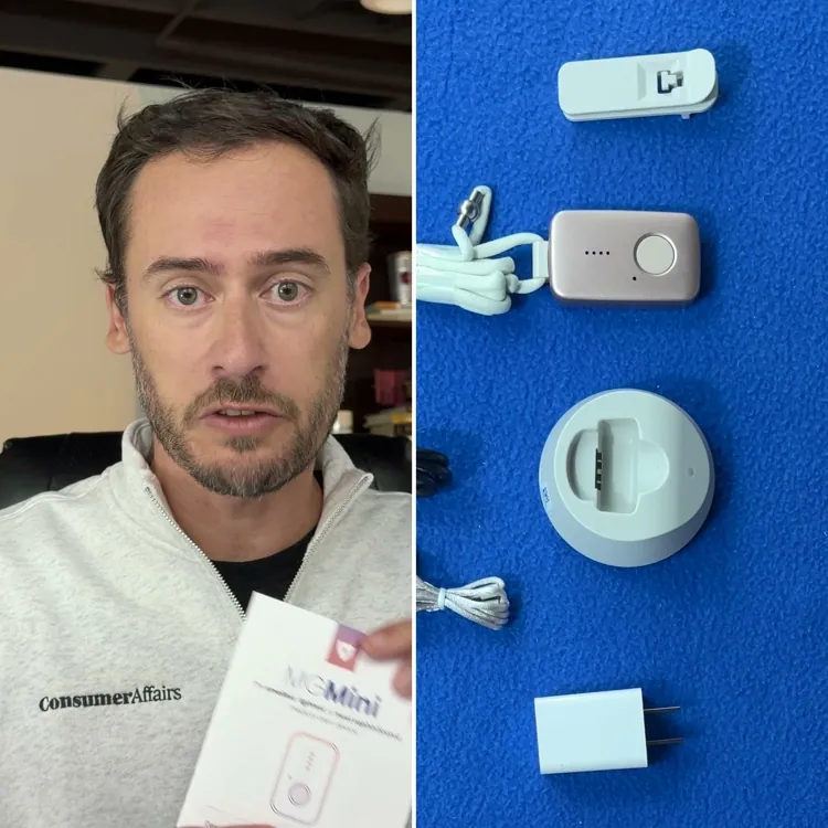 Chris Kolmar holding the MGMini quick-start guide beside the Medical Guardian MGMini system laid out: rose gold pendant on its lanyard, charging base, USB wall adapter, cable, spare lanyard and belt clip
