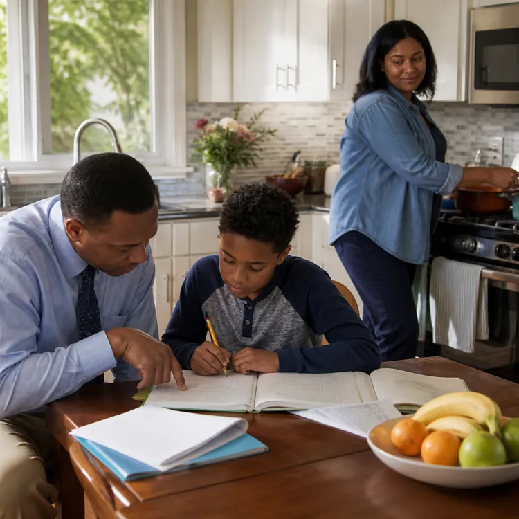 Man helping a boy with homework at a kitchen table while a woman cooks at the stove
