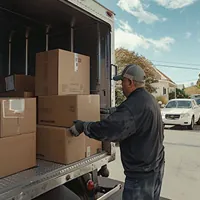 man loading moving boxes into truck