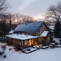large house with sunroom and solar panels in winter