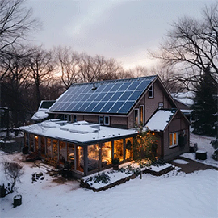 large house with sunroom and solar panels in winter