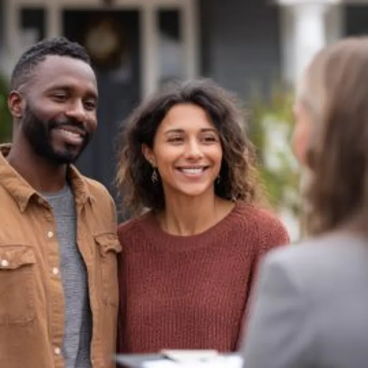 couple both smiling and talking to someone