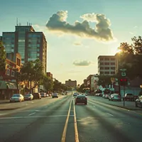almost empty city road lined with buildings