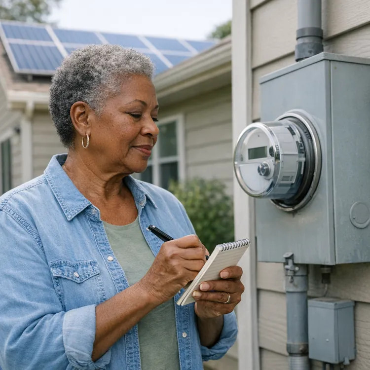 Woman writing on notepad while checking an electric meter outside a house with solar panels