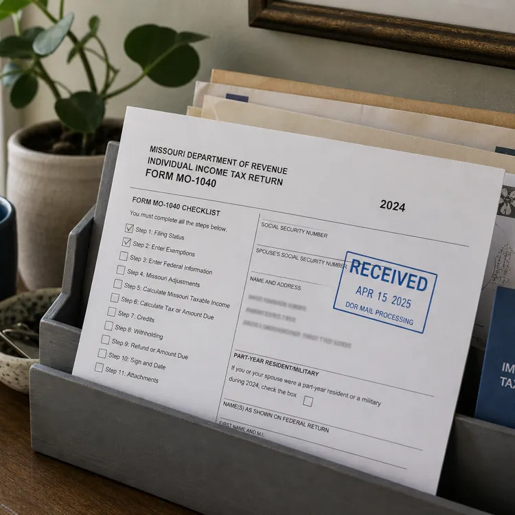 Tax documents and a blue mug on a wooden desk by a window
