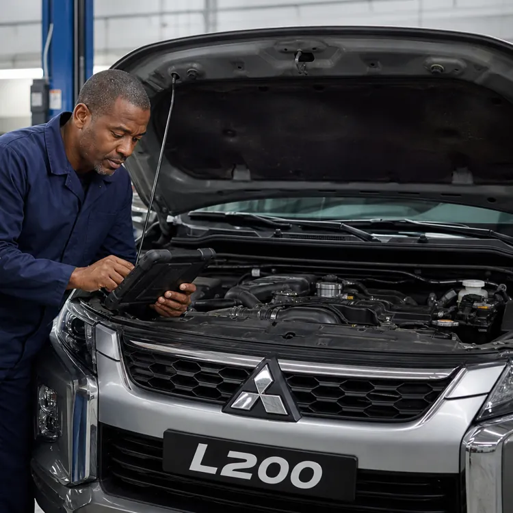 Mechanic and customer discussing diagnostics beside a Mitsubishi L200 with the hood open in a garage