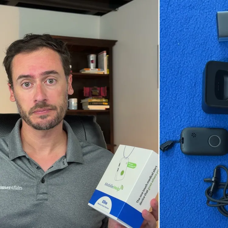 Chris Kolmar holding the MobileHelp Elite box beside the system laid out: pendant, lanyard, charging dock, power adapter and quick start guide