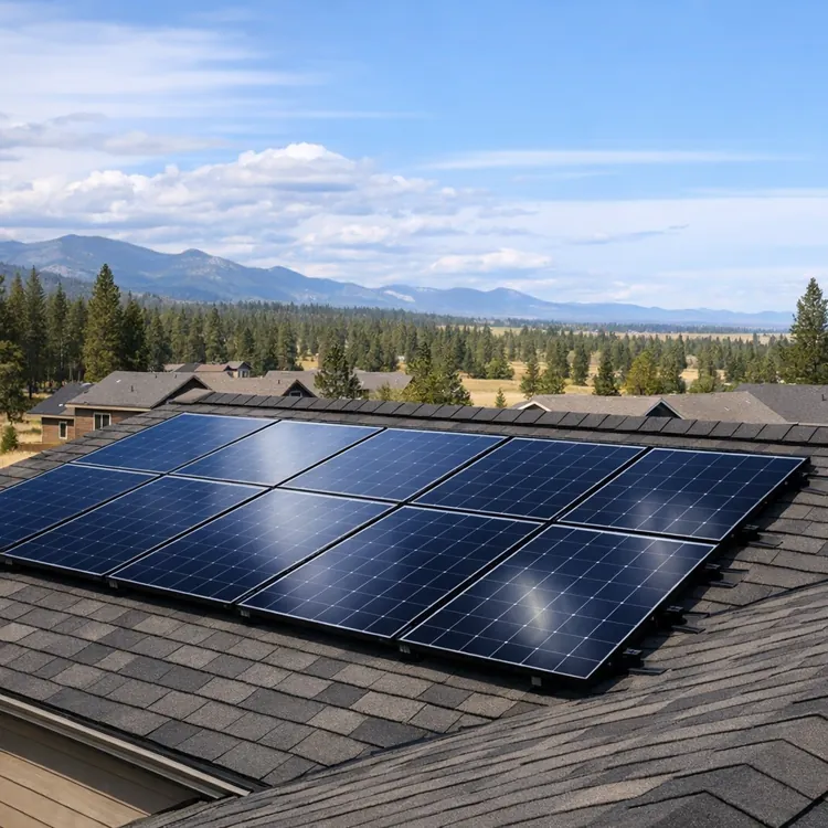 solar panels installed on a house roof with trees and mountains in the background