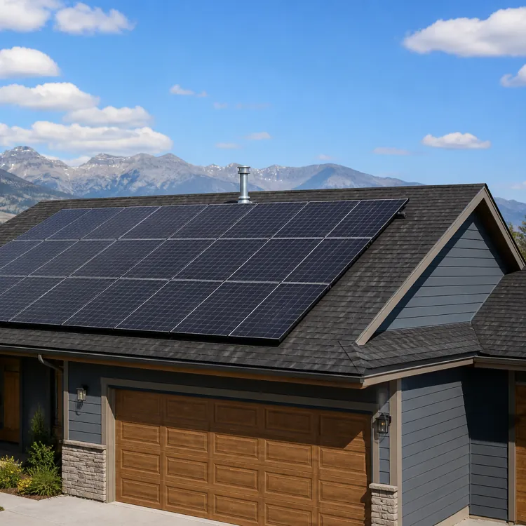 House with solar panels on the roof set against a backdrop of mountains and trees