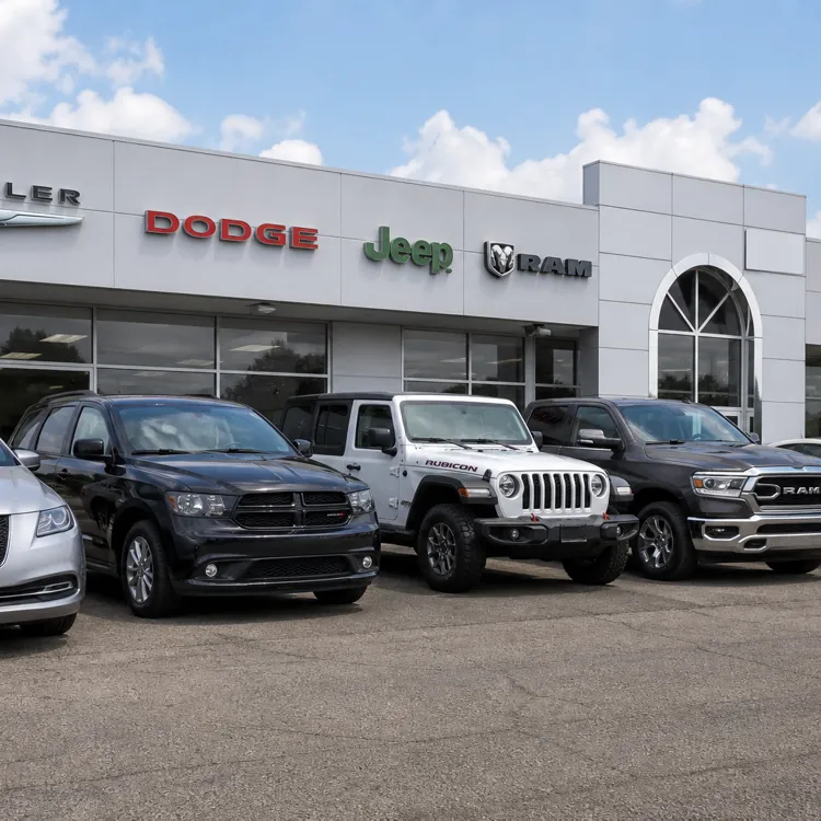 Multiple cars and trucks parked in front of a dealership with Chrysler, Dodge, Jeep, Ram, and Fiat signs