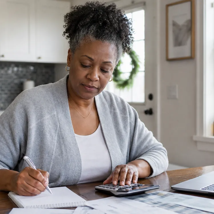 Woman at kitchen table using calculator and writing notes with laptop and bills nearby
